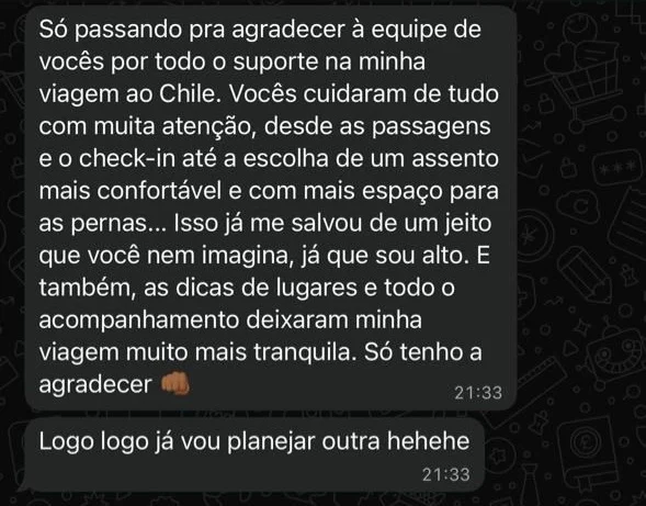 Mensagem de cliente agradecendo o suporte na viagem ao Chile