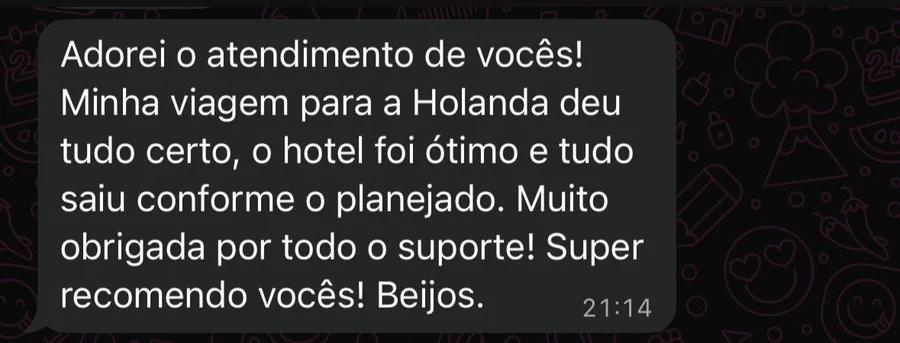 Mensagem de cliente elogiando o atendimento na viagem para a Holanda