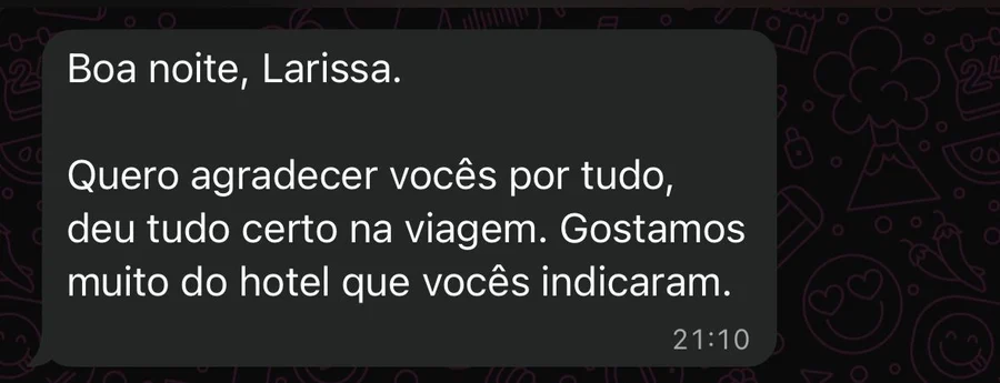 Mensagem de cliente agradecendo a indicação do hotel